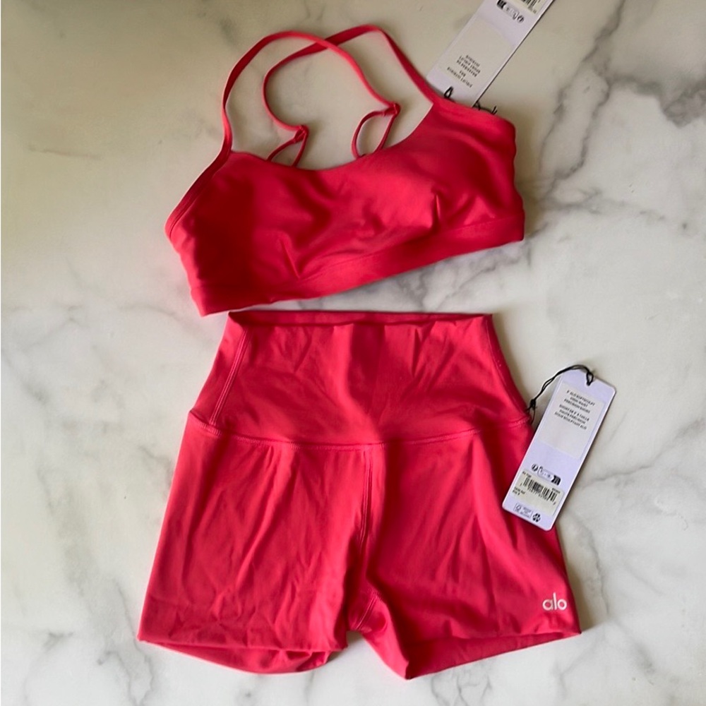 ALO Yoga candy red airlift intrigue Bra and 3” Shorts Set